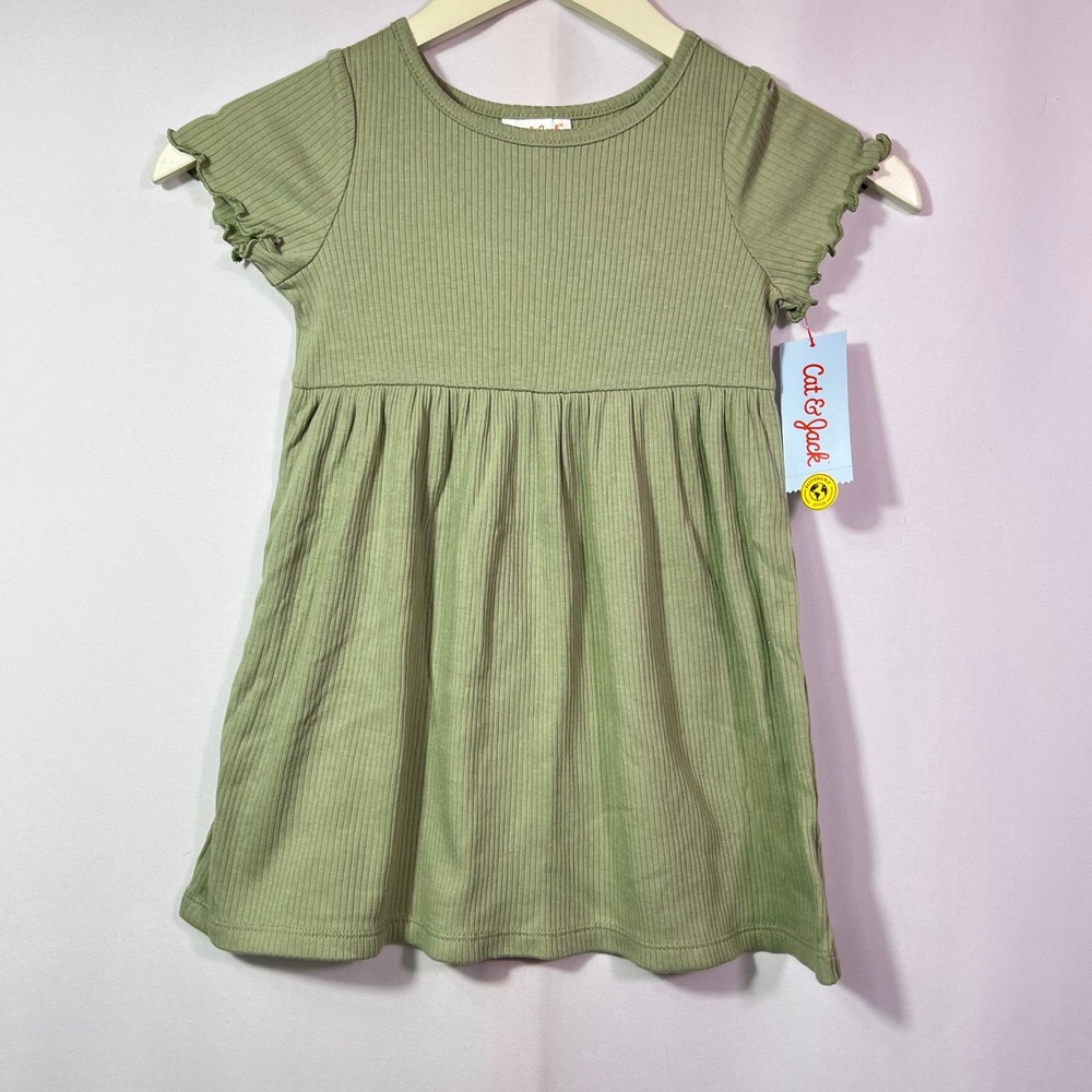 Cat & Jack Girls 3T Sage Green Ribbed Short Sleeve Babydoll Dress NWT